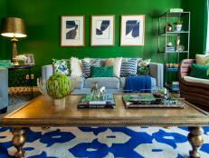 Bright Green Living Room With Royal Blue Accents & Sky Blue Sofa