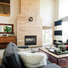 Light Wood Fireplace Surround in Eclectic Living Room