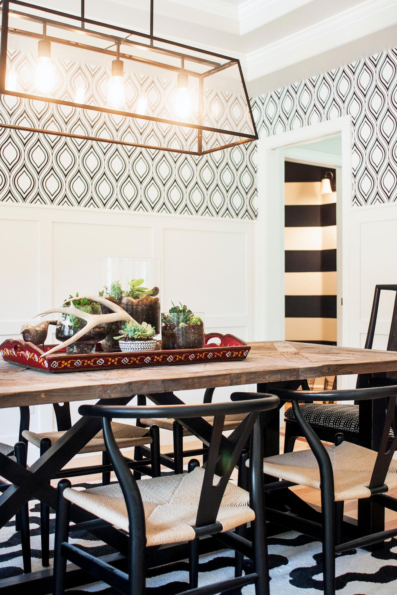 Black and White Dining Room With Patterned Wallpaper | HGTV