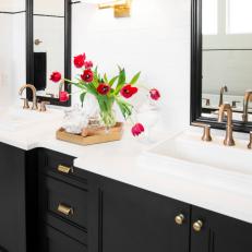 Bright Bath with Dark Wood and White Counters