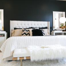 Black, White and Neutral Bedroom With Lush Furnishings