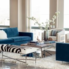 Living Room Boasts Blue Sofas and Zebra Print Bench