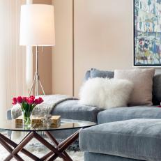 Contemporary Living Room Features Gray Velvet Sofa