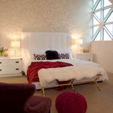 White Bedroom With Red, Maroon and Gold Accents
