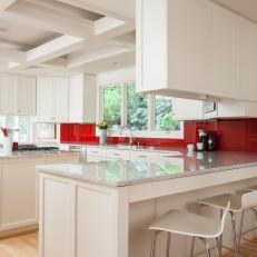 Bright White Modern Kitchen with Cherry Red Backsplash 