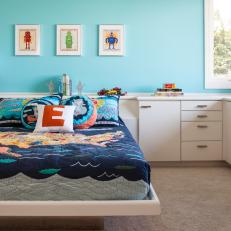 Boy's Bright Blue Room with Fun Robot Prints 