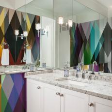 Bold Multicolor Wallpaper in Modern Powder Room 