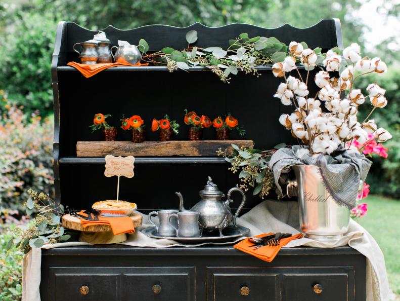 Vintage Black Dresser with Flowers and Table ware