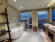 Bamboo Double Sink Vanity and Koi Art Piece in Asian Spa Bathroom 