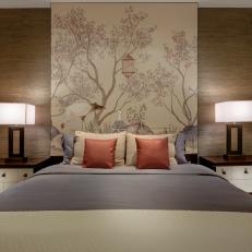 Asian Spa Inpspired Master Suite with Platform Bed and Imported Mural Headboard