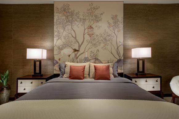 Mural Headboard and Platform Bed in Asian Inspired Suite