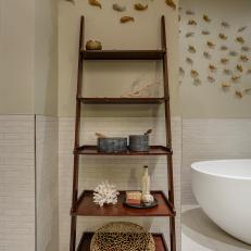 Asian Inspired Spa Style Master Bathroom with Koi Fish Art Piece and Cherry Stained Ladder Shelf