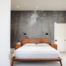 Gray Bedroom with Mural of California Redwoods and Natural Wood Furniture