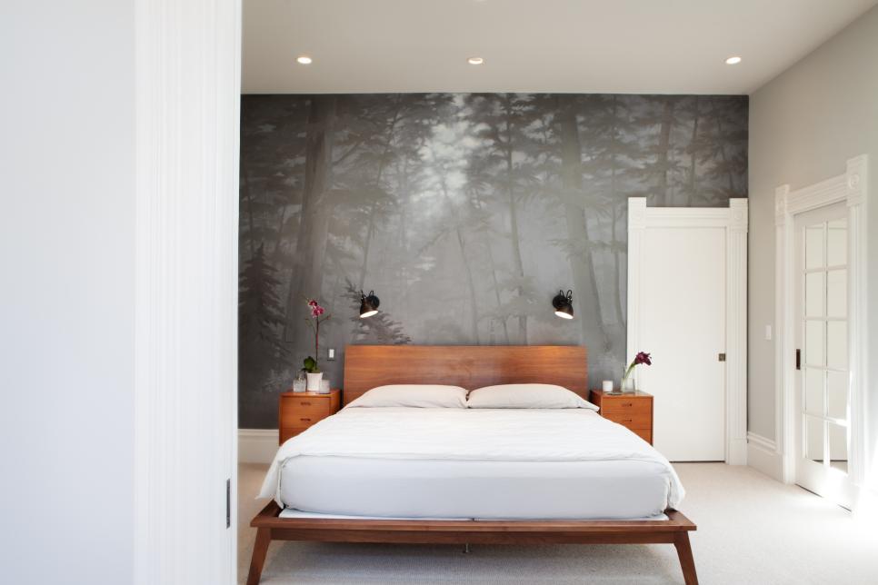 Natural Wood Furnishings and Redwood Forest Mural in Gray Bedroom