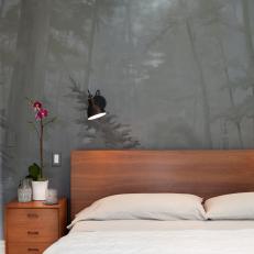 Black and White California Redwood Mural in Gray Modern Bedroom