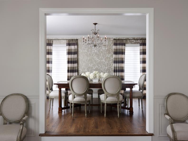 Neutral Dining Room with Wallpapered Walls 
