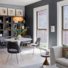 Gray Contemporary Dining Room With Yellow Pendant Light