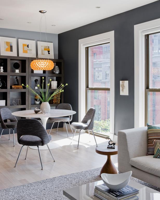 Gray Contemporary Dining Room With Yellow Pendant Light | HGTV