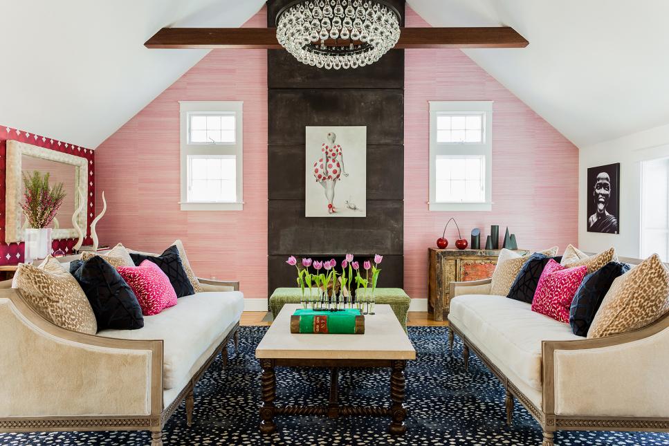 Pink and White Eclectic Living Room