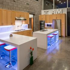 Neutral Urban Industrial Kitchen With Pink Barstools