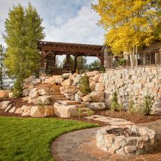 Rustic Stone Stairs Lead to Stone Fire Pit