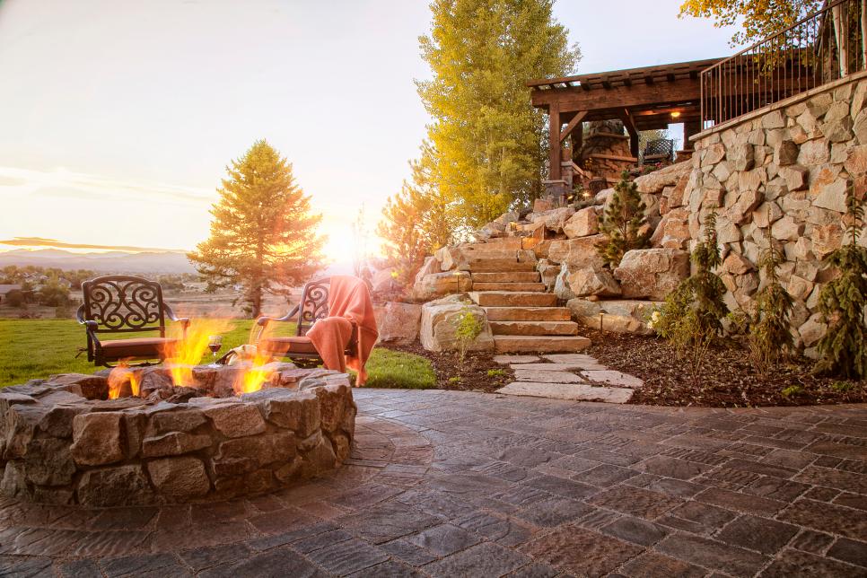 Rustic Stone Fire Pit on Paver Patio