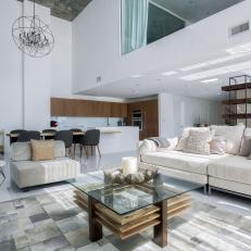 White Contemporary Living Room With Glass Coffee Table