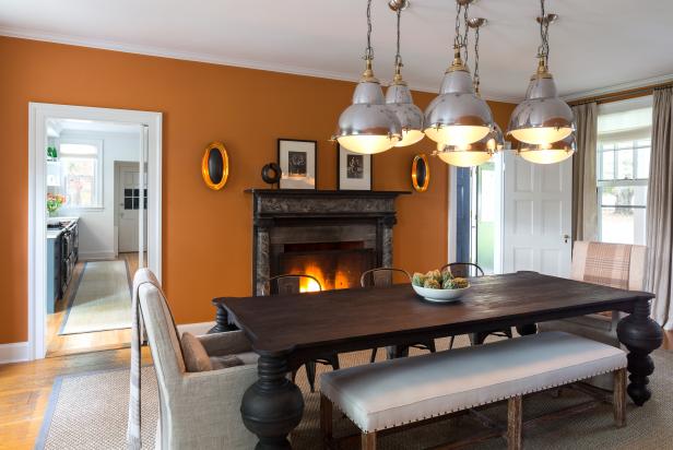 Orange Transitional Dining Room With Pendant Lights
