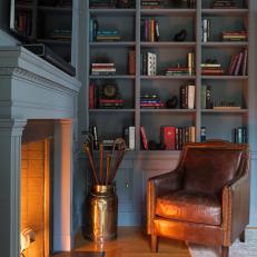 Dark Blue Library With Built-In Bookshelves
