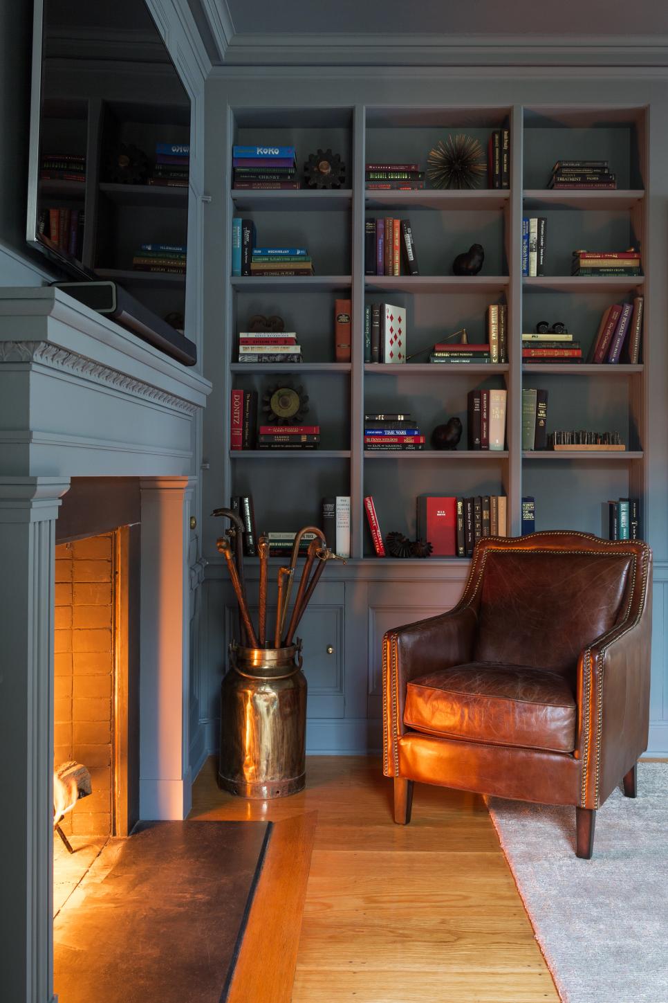 Dark Blue Library With Built-In Bookshelves | HGTV