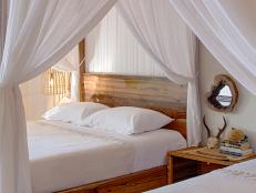 Wood Canopy Beds With White Curtains