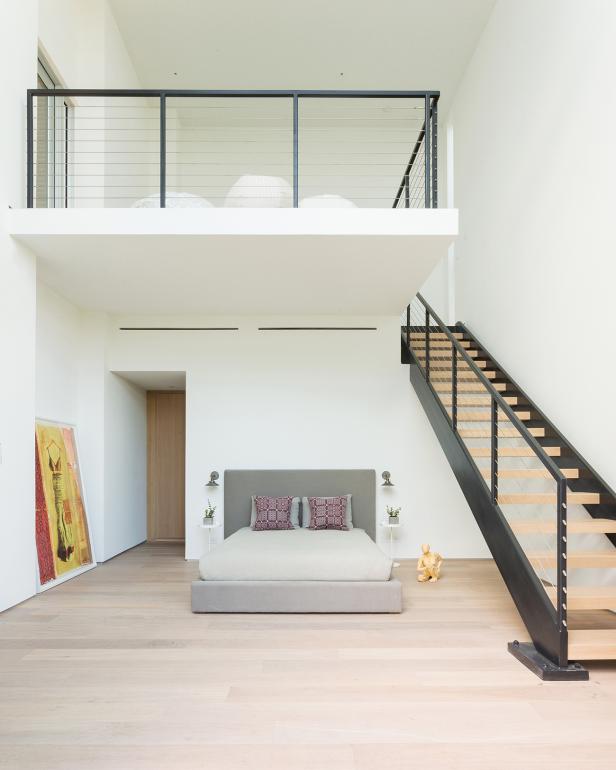 White Modern Two Story Bedroom With Stairs Hgtv