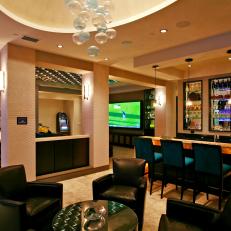 Fun, Contemporary Entertainment Room With Stylish Bar