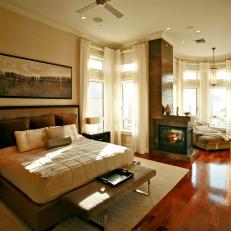 Contemporary Master Bedroom Features Cherry Wood Floors & Reading Nook