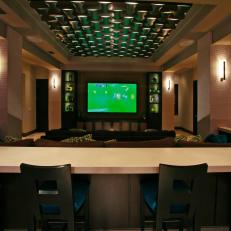 Media Room Boasts Intriguing Metal Ceiling Accent