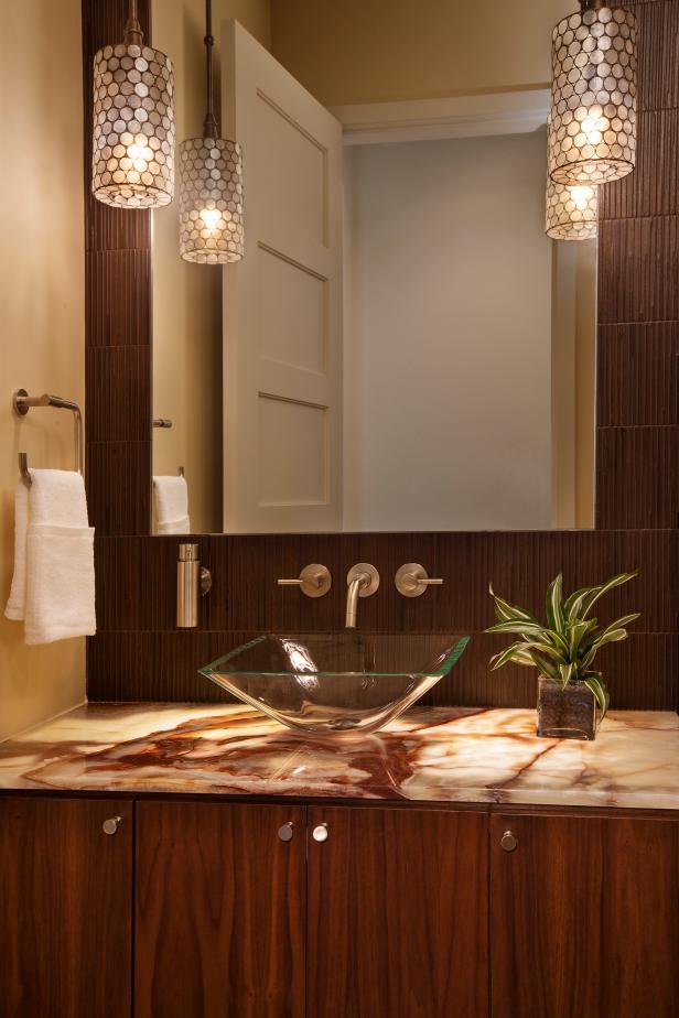 Stylish, Contemporary Powder Room With Onyx Countertop & Glass Vessel ...