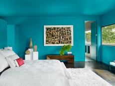 Modern Aqua Bedroom With White Bedding and White Rug