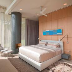 Bright Modern Bedroom With Light Wood Room Divider and White Furniture 