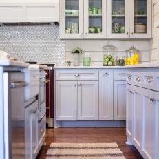 Neutral Glass-Front Cabinets in Charming Country Kitchen