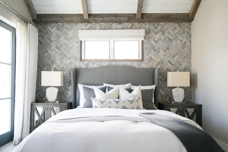 Transitional Master Bedroom With Gray Headboard and White Bedding