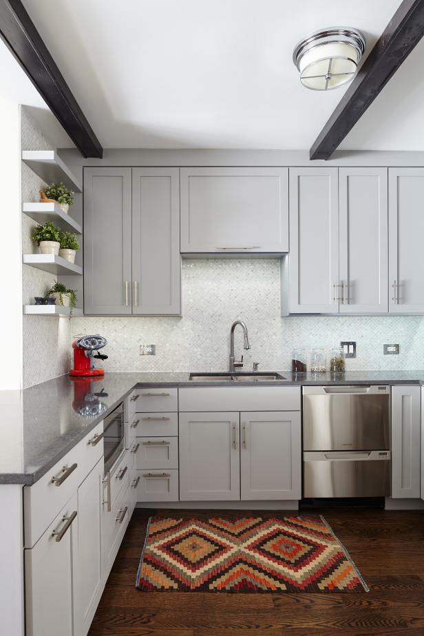 Transitional Kitchen Features White Mosaic Tile Backsplash ...