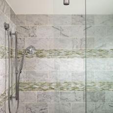 Contemporary Shower Features Glass Mosaic Tile & Soothing Gray Stone