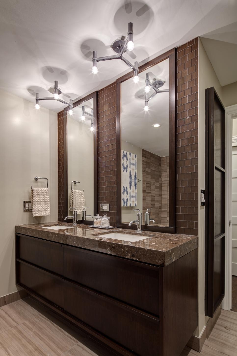 vanity bathroom lighting modern double futuristic hgtv stunning features light fixtures brown email oak neutral andrew photographer