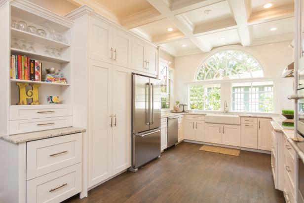 Stunning White Kitchen Features Farmhouse Sink, Coffered ...