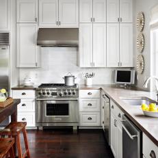 Transitional White Kitchen with Reclaimed Hardwood Floors