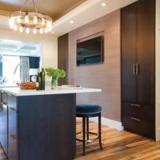 Brown Transitional Open Plan Kitchen With Light Fixture