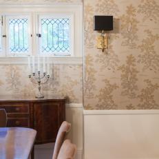 Metallic Wallpaper With Trees and Sconce