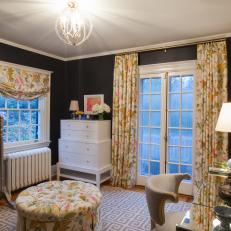 Black Transitional Bedroom With Floral Curtains