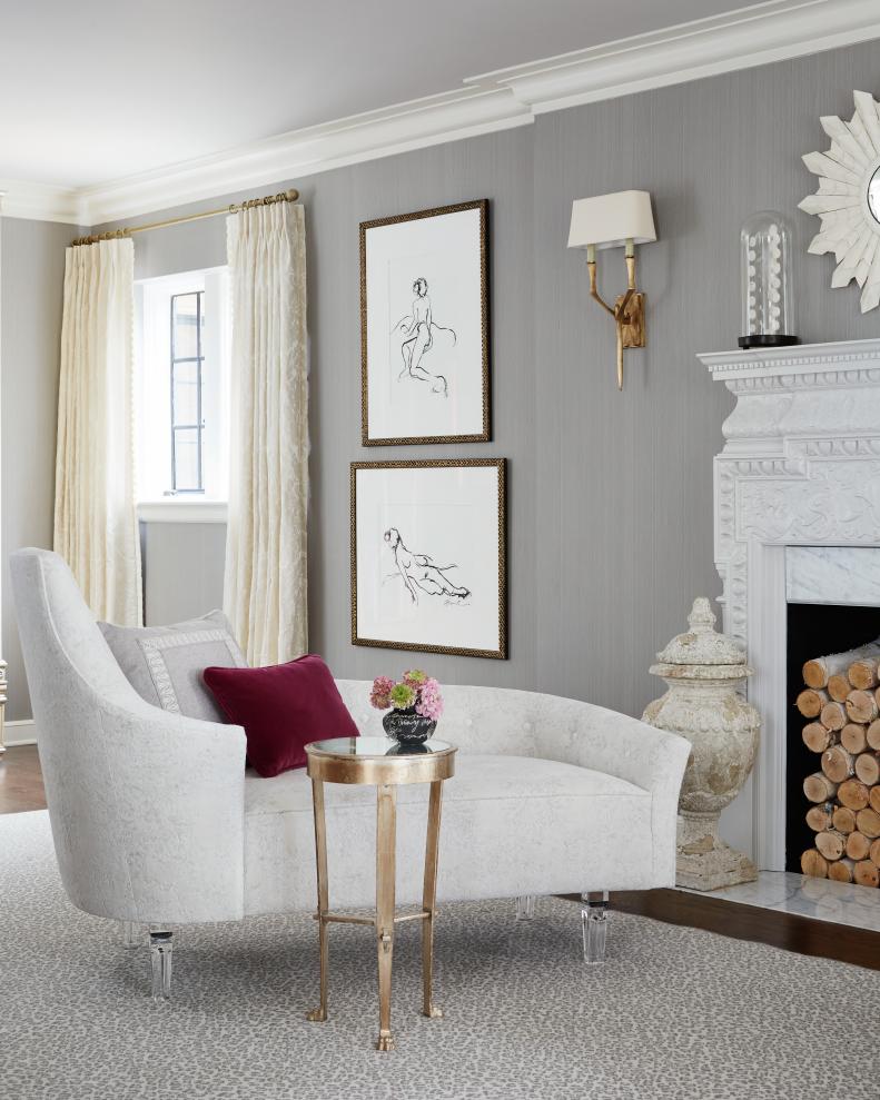 White Custom Chaise Next to Fireplace in Transitional Master Retreat