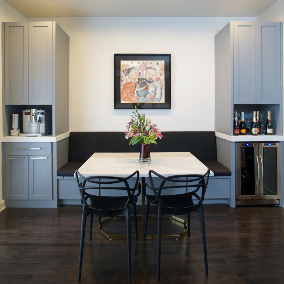 Breakfast Nook With Gray Built In Bench, Breakfast Nook From Kitchen Cabinets